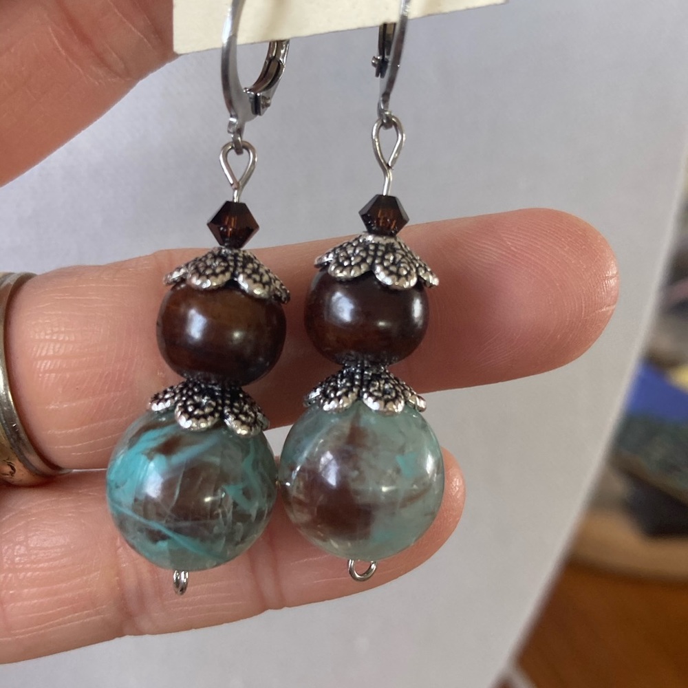 Vintage Resin & Wood & Swarovski Crystal Earrings